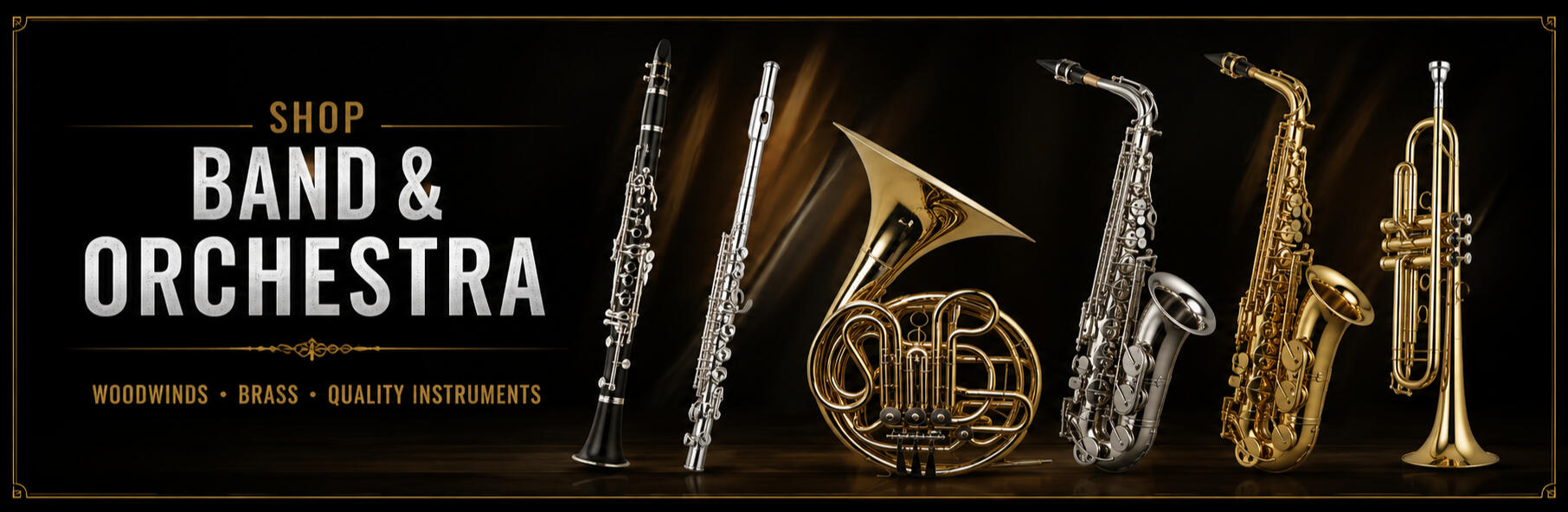 Band & Orchestra Instruments for Sale | Brass, Woodwinds & Student Instruments Band and orchestra banner featuring clarinet, piccolo, French horn, saxophones, and trumpet. Shop student and professional brass and woodwind instruments with fast shipping from Universal Music Supply.
