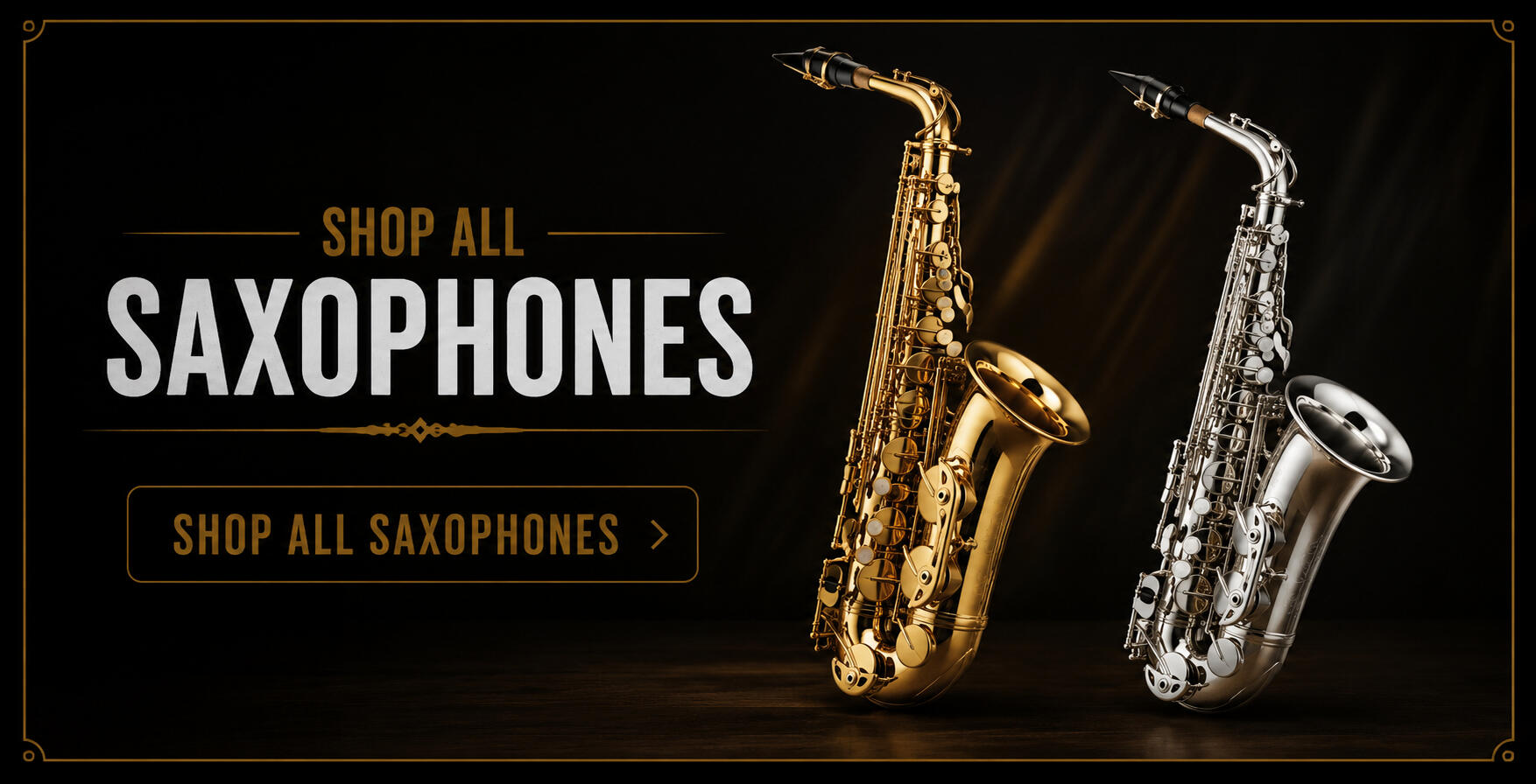 10% Off Woodwind Instruments | Saxophones, Clarinets, Flutes & More Sale banner featuring alto and tenor saxophones promoting 10% off woodwind instruments including saxophones, clarinets, flutes, and piccolos at Universal Music Supply.